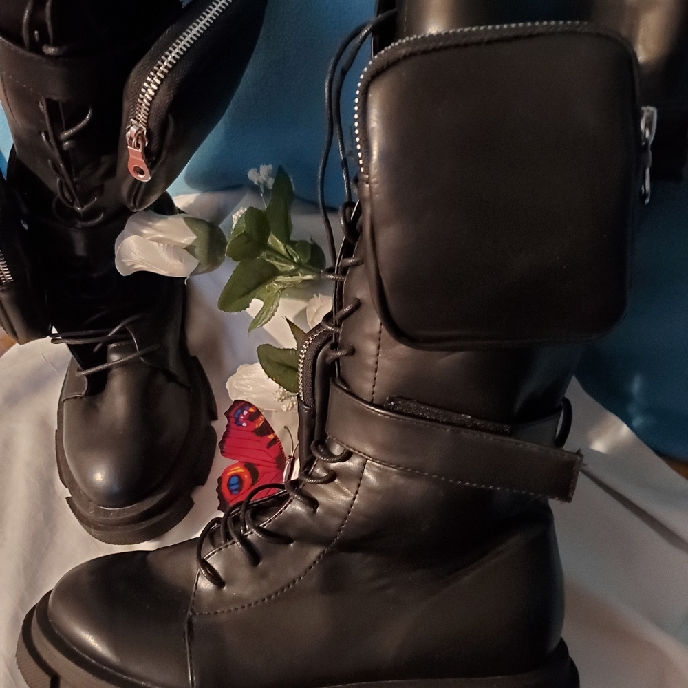 Liliana Chunky Heel Combat Boots w/Pouches - Picture 4 of 11